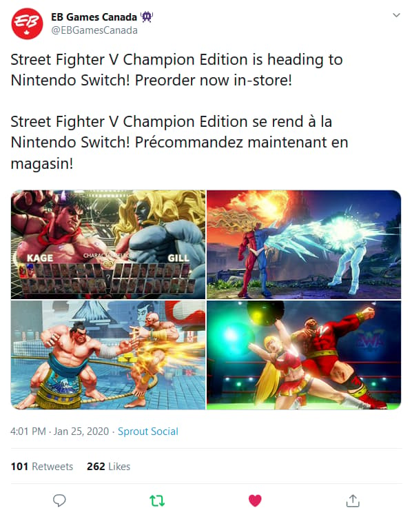 EB Games Canada Accidentally Leaks Street Fighter V For The Nintendo Switch