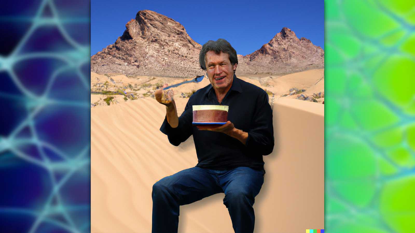 Neil Breen in the Desert eating pudding by DALLE