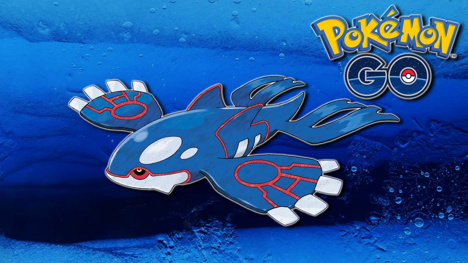 Screenshot of Hoenn Legendary Kyogre in ocean next to Pokemon Go logo.