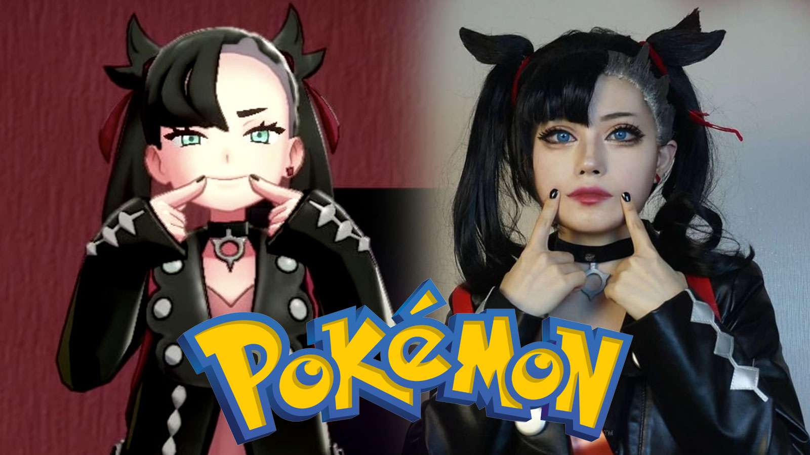 Screenshot of Pokemon Sword & Shield rival Marnie next to cosplayer.