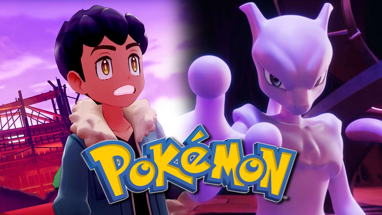 Screenshot of Pokemon Sword & Shield rival Hop next to Legendary Mewtwo.