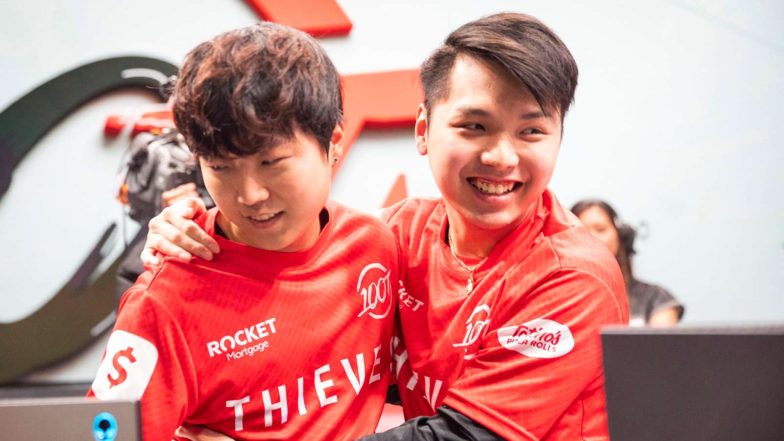 Ryoma and Ssumday celebrate after 100 Thieves LCS win.