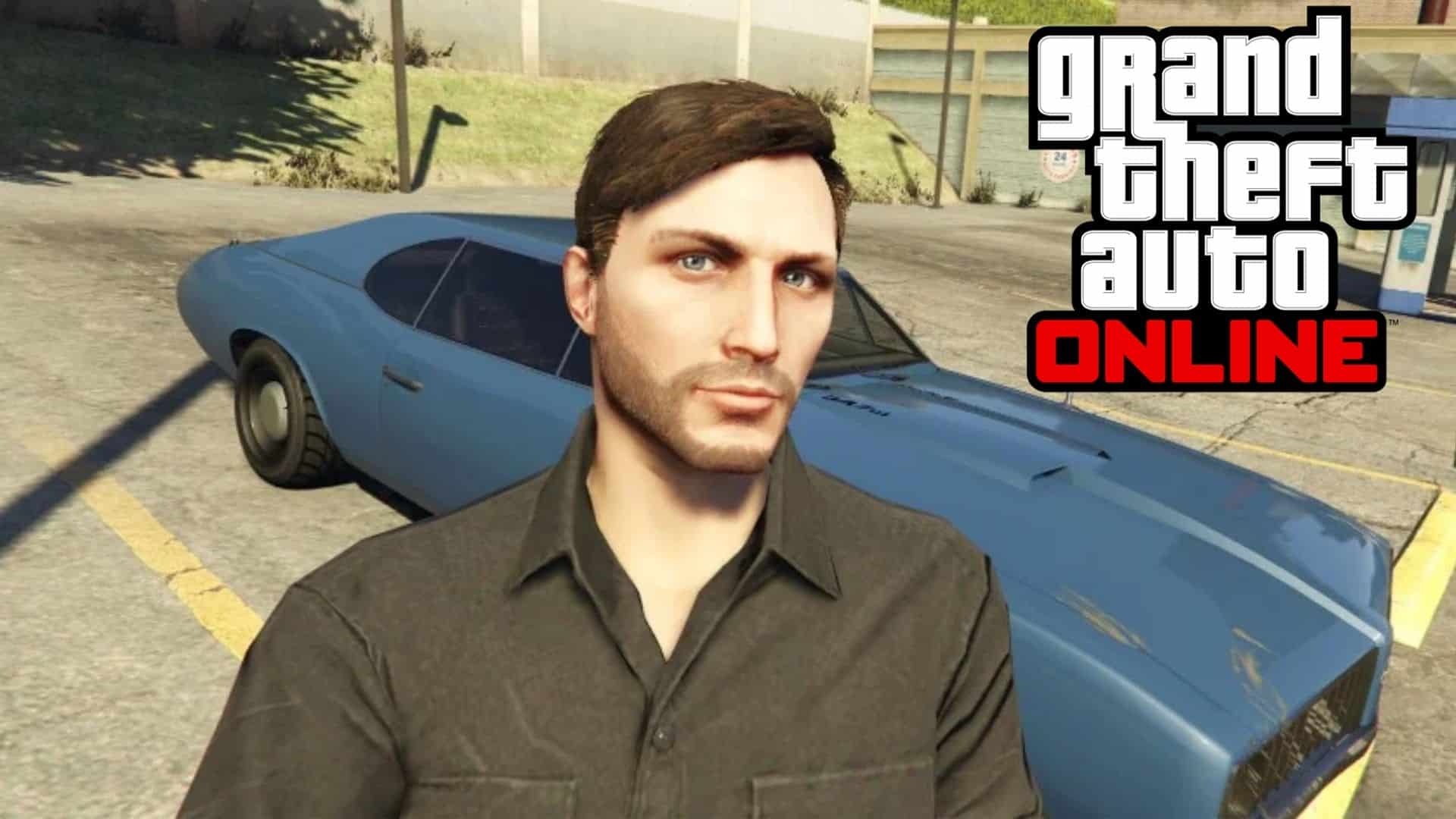 GTA Online charater posing in front of classic ar
