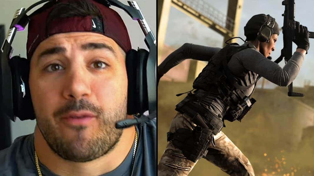 NICKMERCS talking to camera with Warzone player running holding SMG