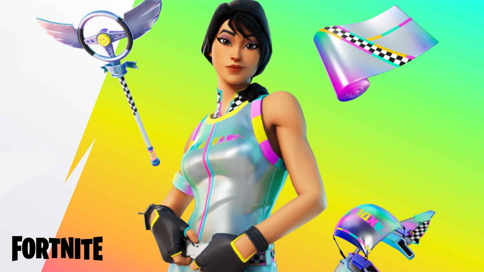 Fortnite's Refer A Friend rewards including the Rainbow Racer skin