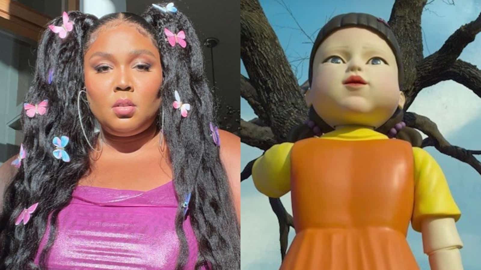 Lizzo next to the doll from Squid Game
