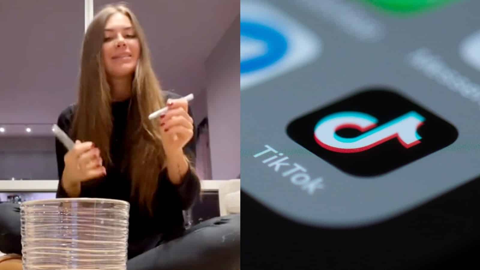 Woman throws a pen into a cup next to the TikTok logo