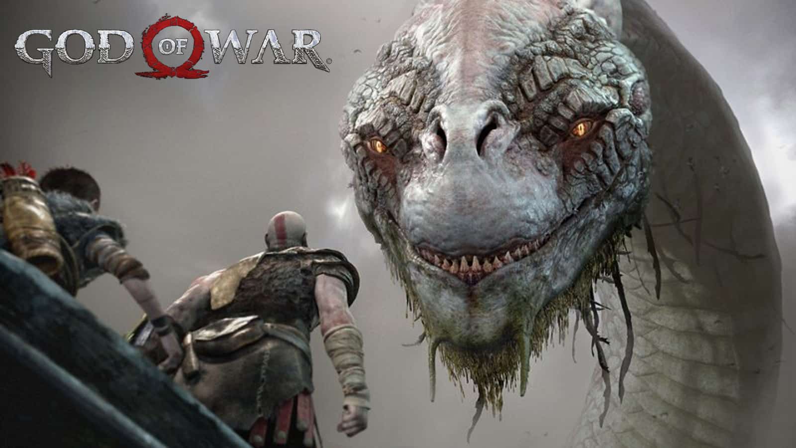 god of war kratos and son look at world serpent