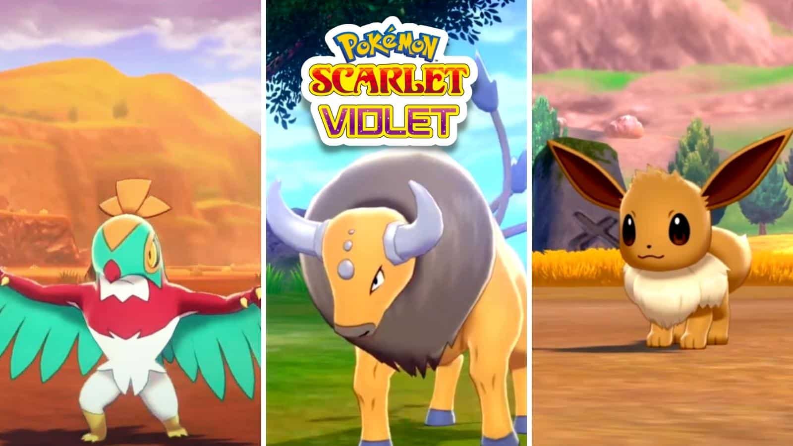 Pokemon Sword & Shield Hawlucha, Tauros, Eevee with Pokemon Scarlet & Violet logo screenshot.