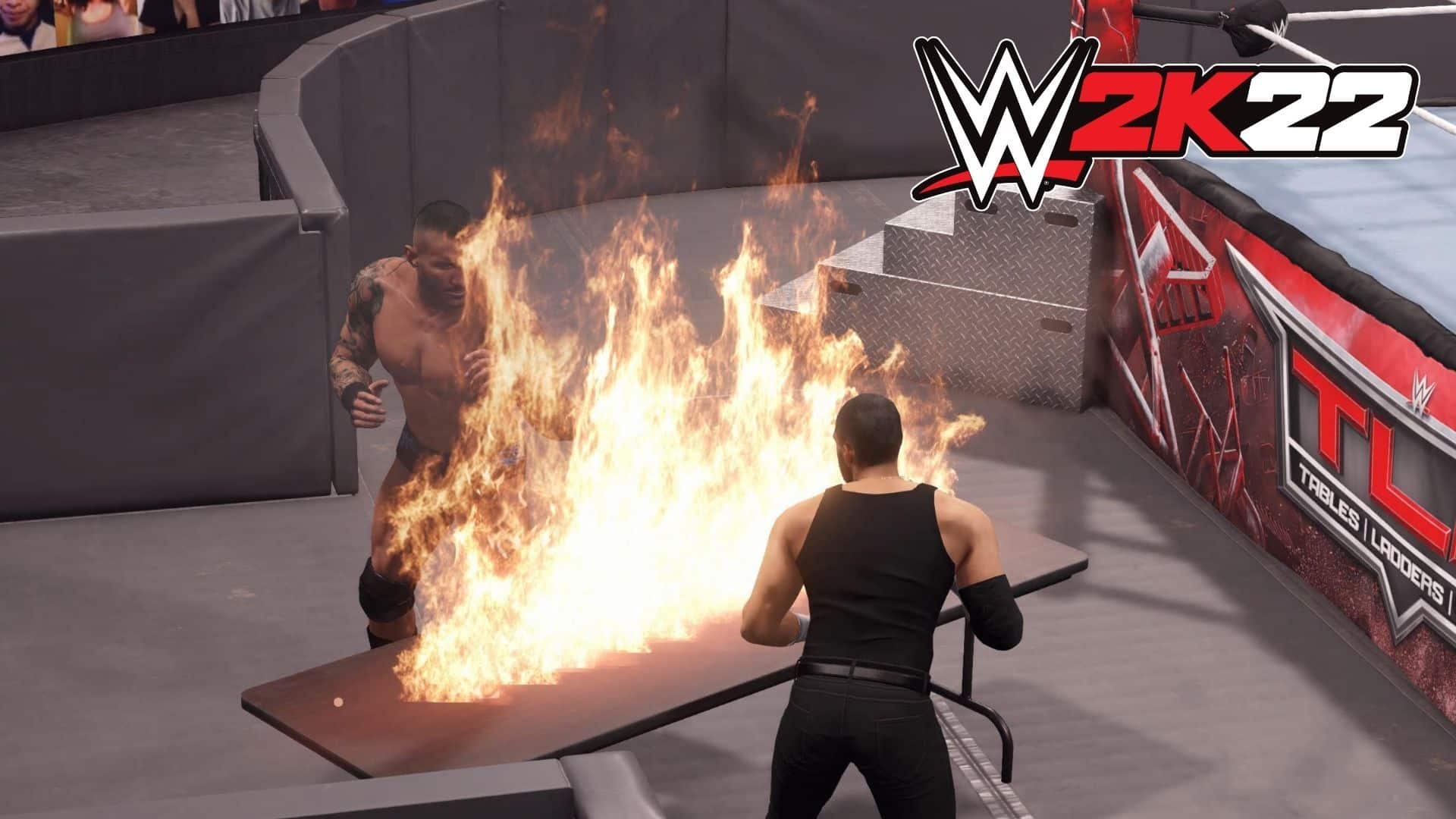 orton and daivari standing either side of a flaming table in wwe 2k22