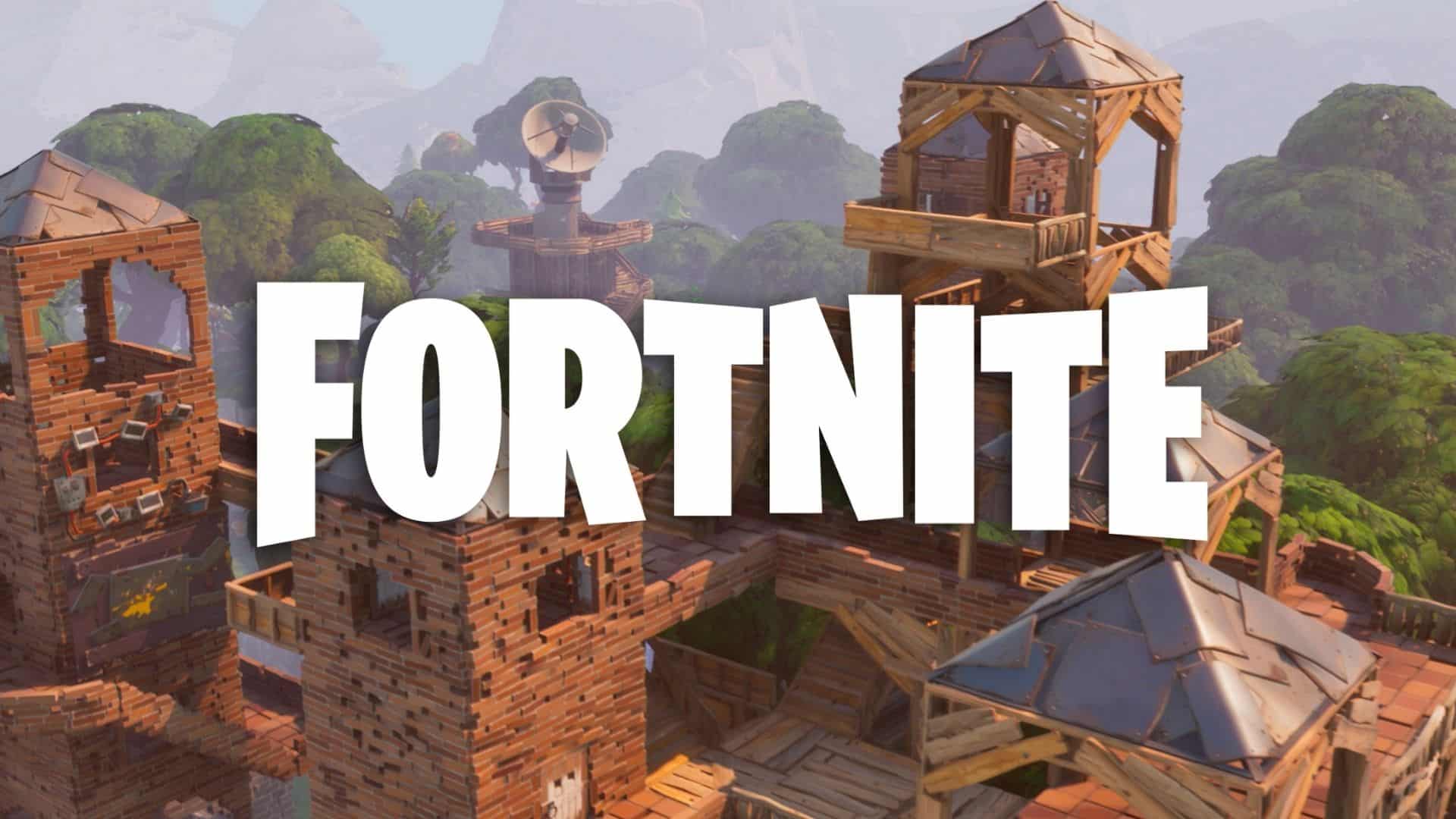 Fortnite building structures and battle royale logo