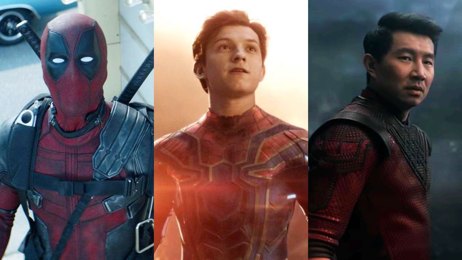 Images of Deadpool, Tom Holland's Spider-Man, and Simu Liu's Shang-Chi