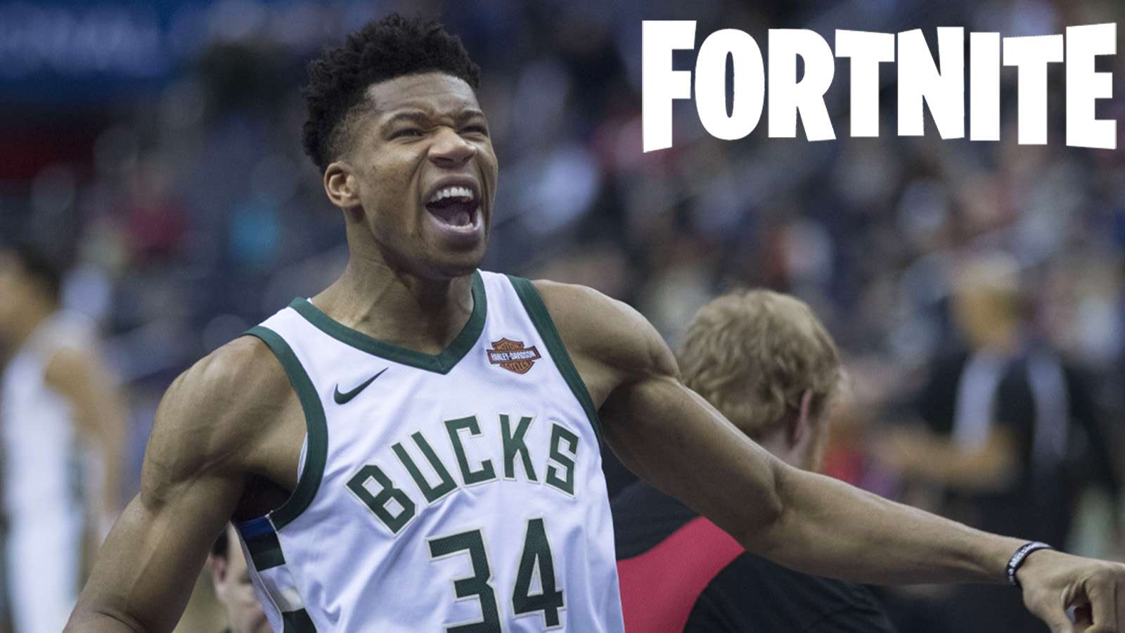 Giannis Antetokounmpo playing for the Milwaukee Bucks next to Fortnite logo