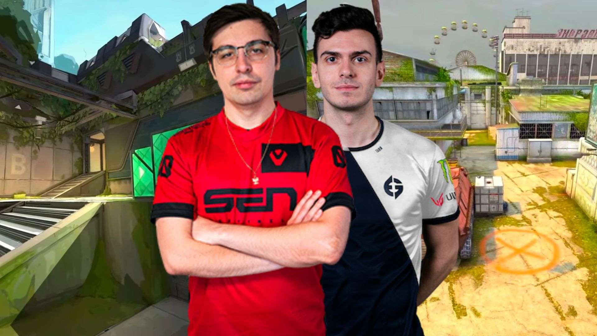 Shroud and Tarik stood in front of Cache and Fracture maps from CSGO and Valorant