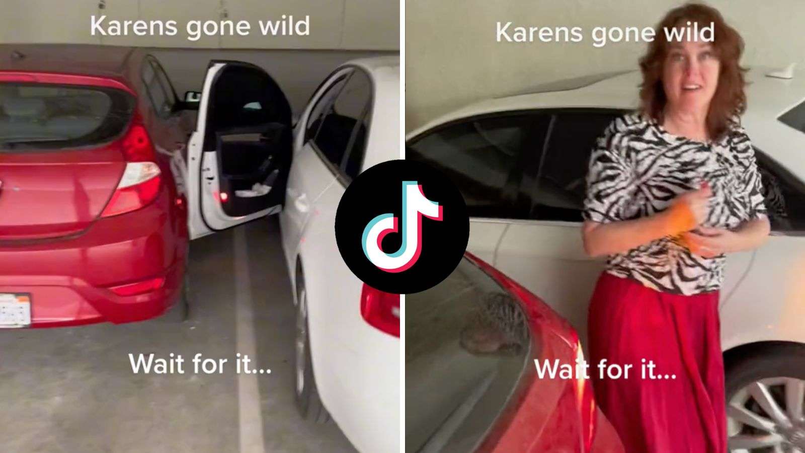 Woman's car door resting on man's car, woman leaving her vehicle