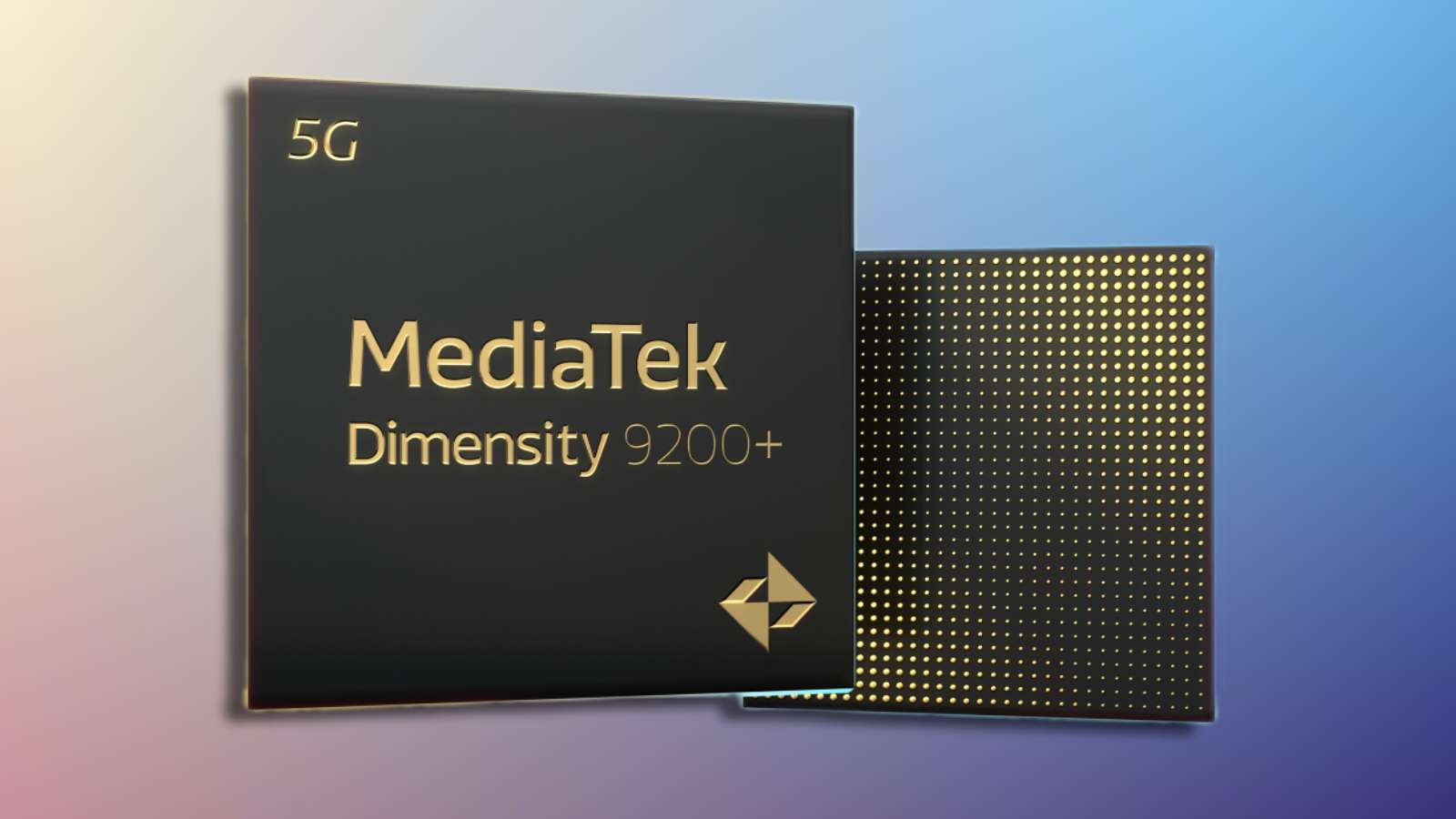 Front and back of MediaTek Dimensity 9200 Plus chipset on a gradient background