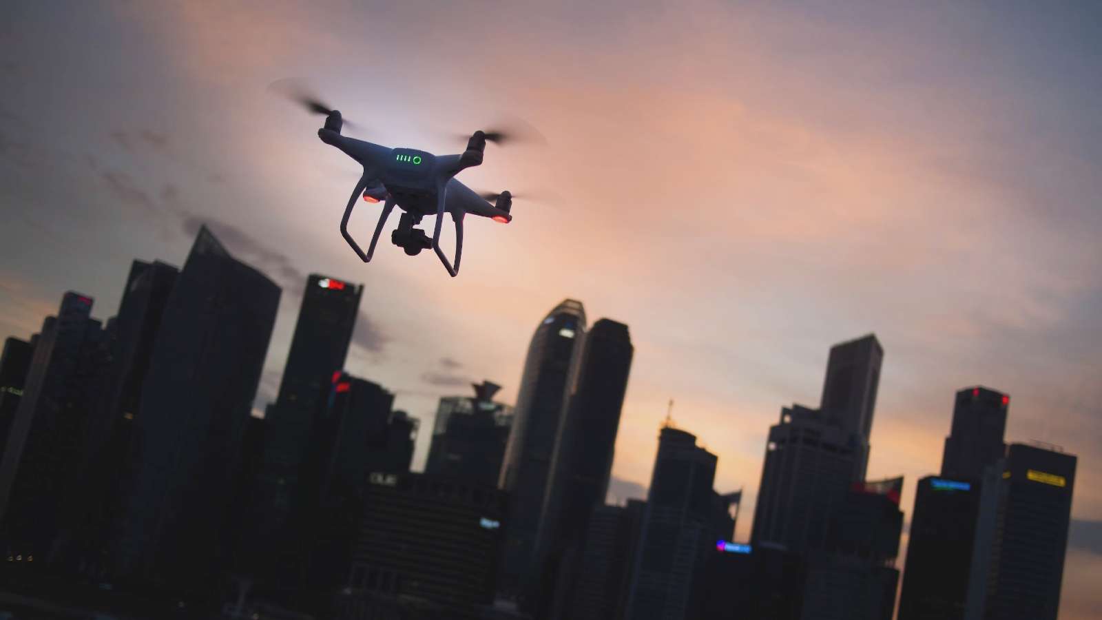 drone over city skyline