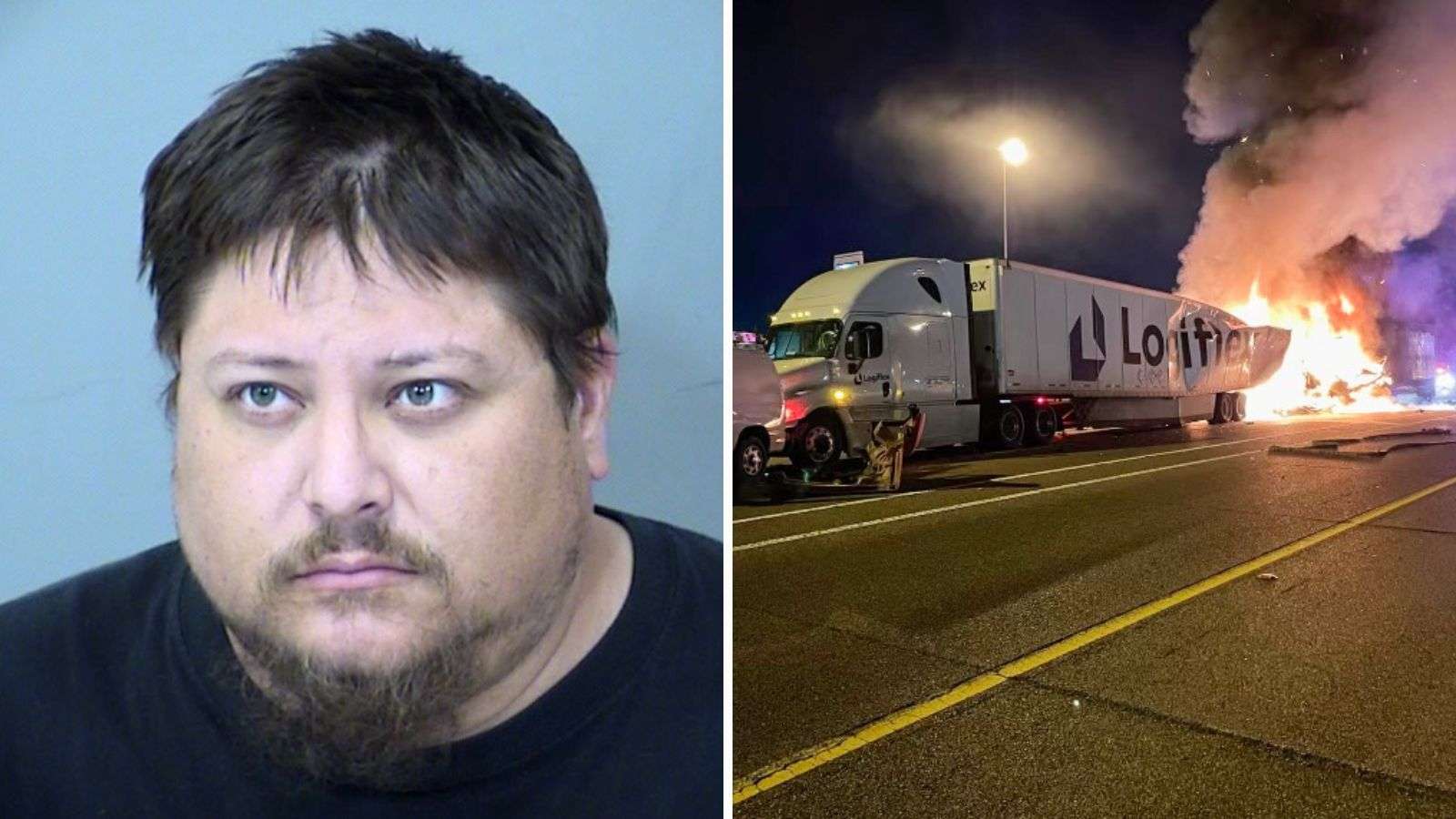 Truck driver's mug shot, photo of fiery crash