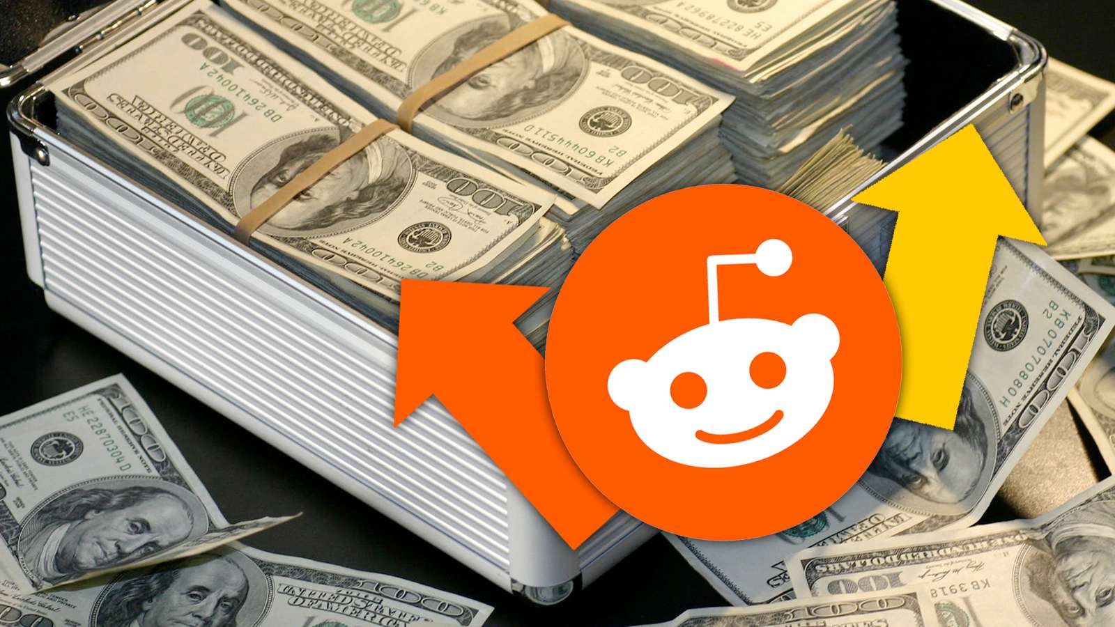 reddit logo with two arrows colored orange and gold in front of a brief case of cash