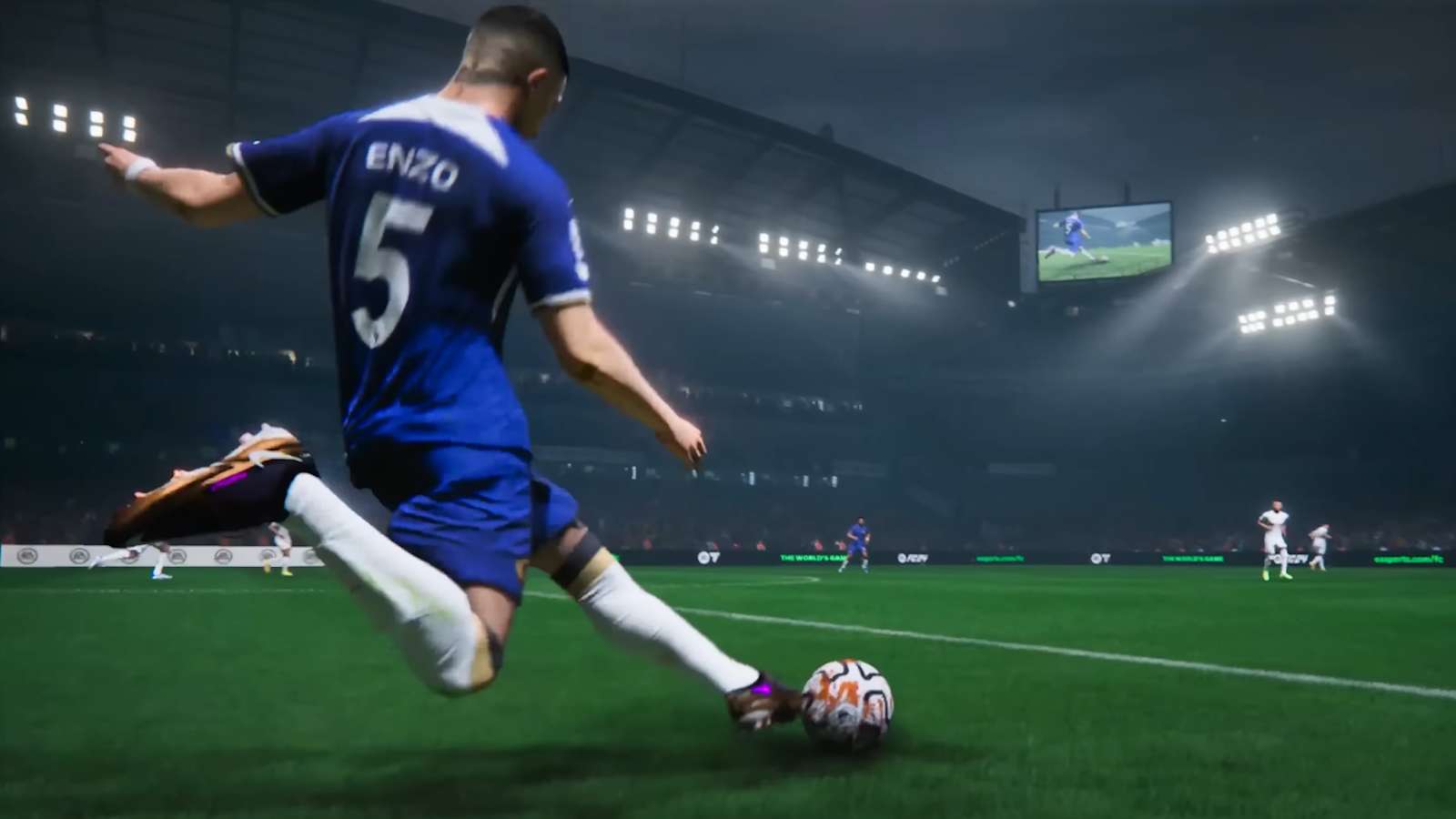 Enzo Fernandez playing a long pass in EA Sports FC 24.