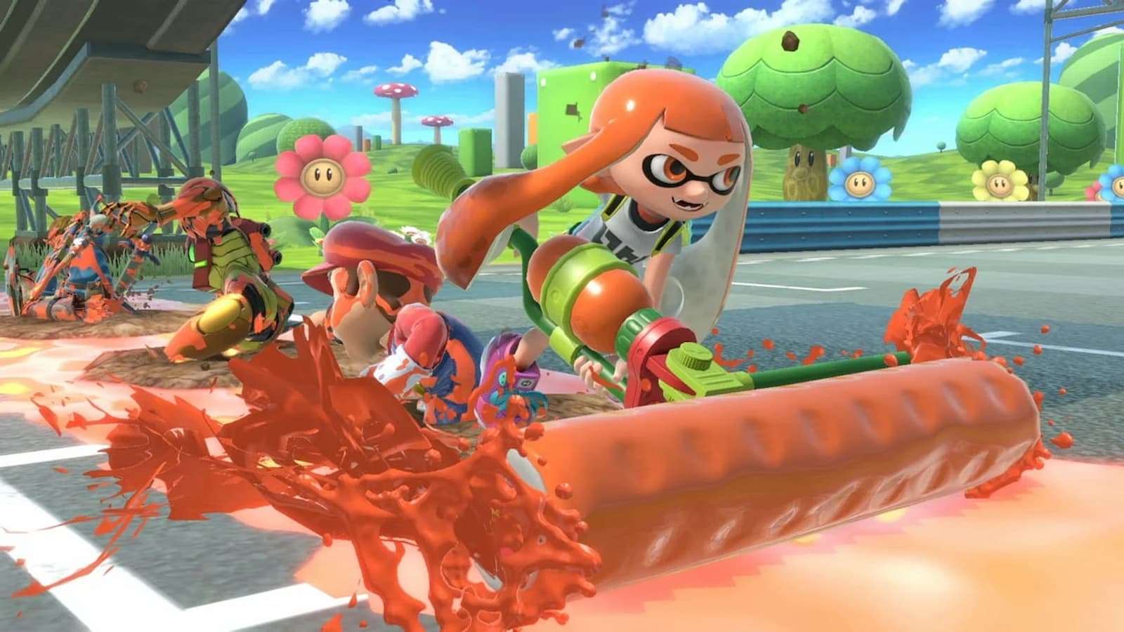 Inkling burying enemies with Splat Roller in Super Smash Bros Ultimate