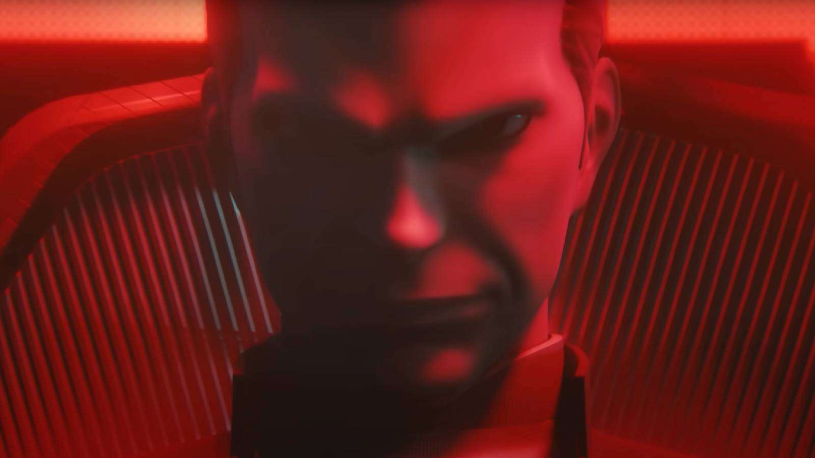 A close up shot show's Team Rocket's Giovanni bathed in red light