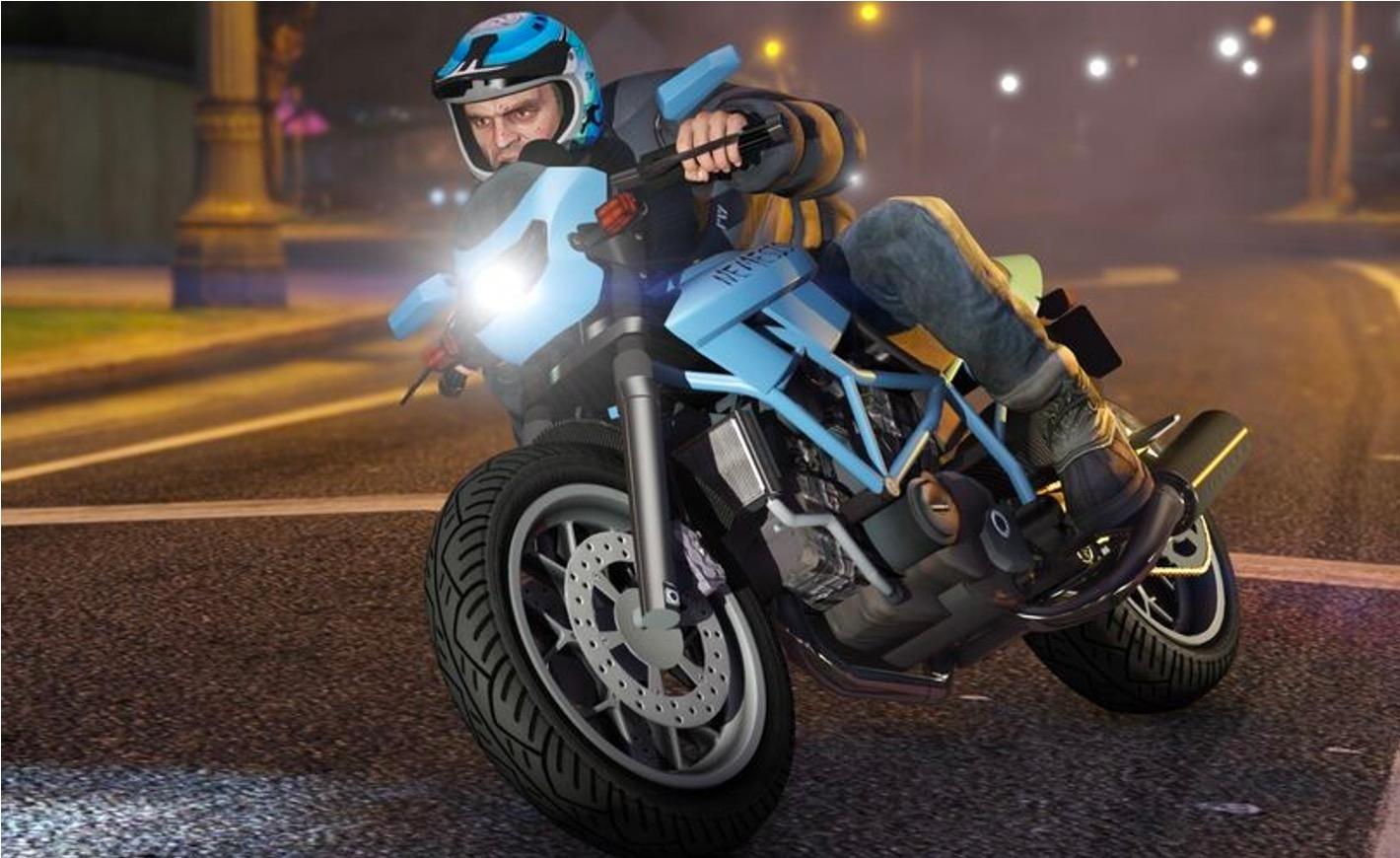 Trevor in GTA driving a Nemesis bike