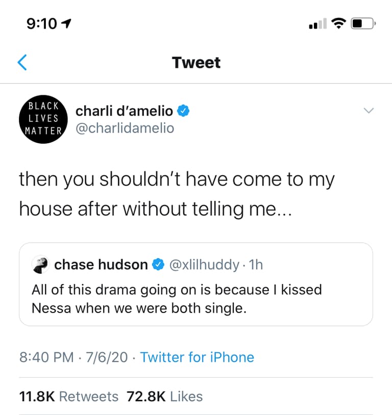 Charli D'Amelio calls out Chase Hudson on Twitter.