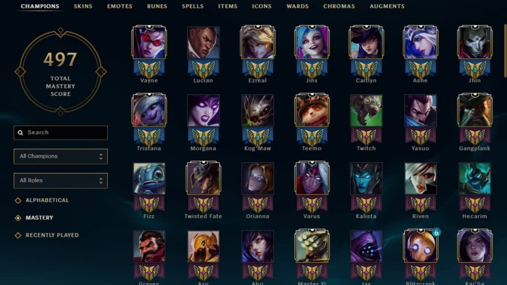 Champion Mastery collection screen