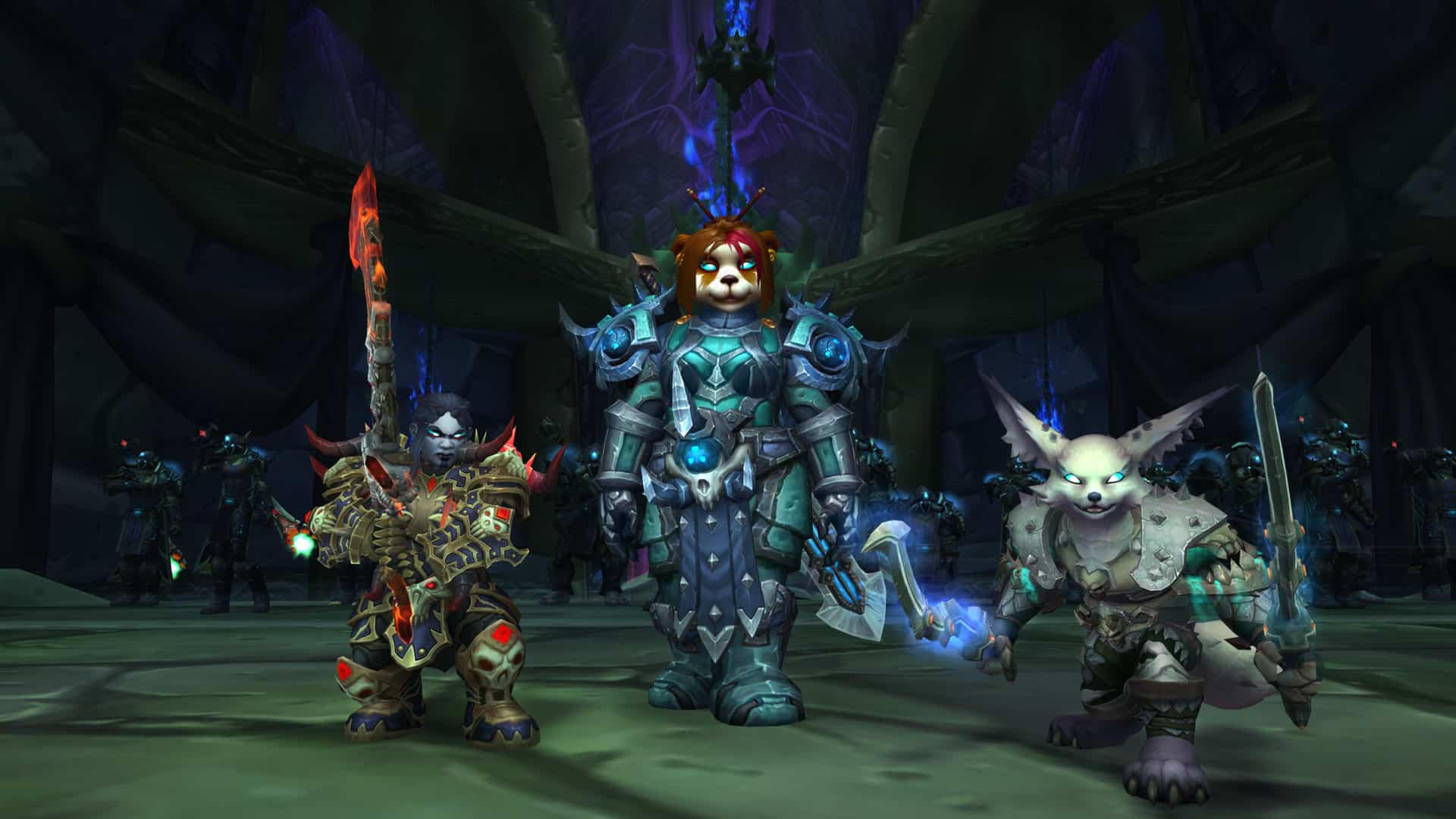 Death Knights standing together in a dark, stone room with their weapons and armor