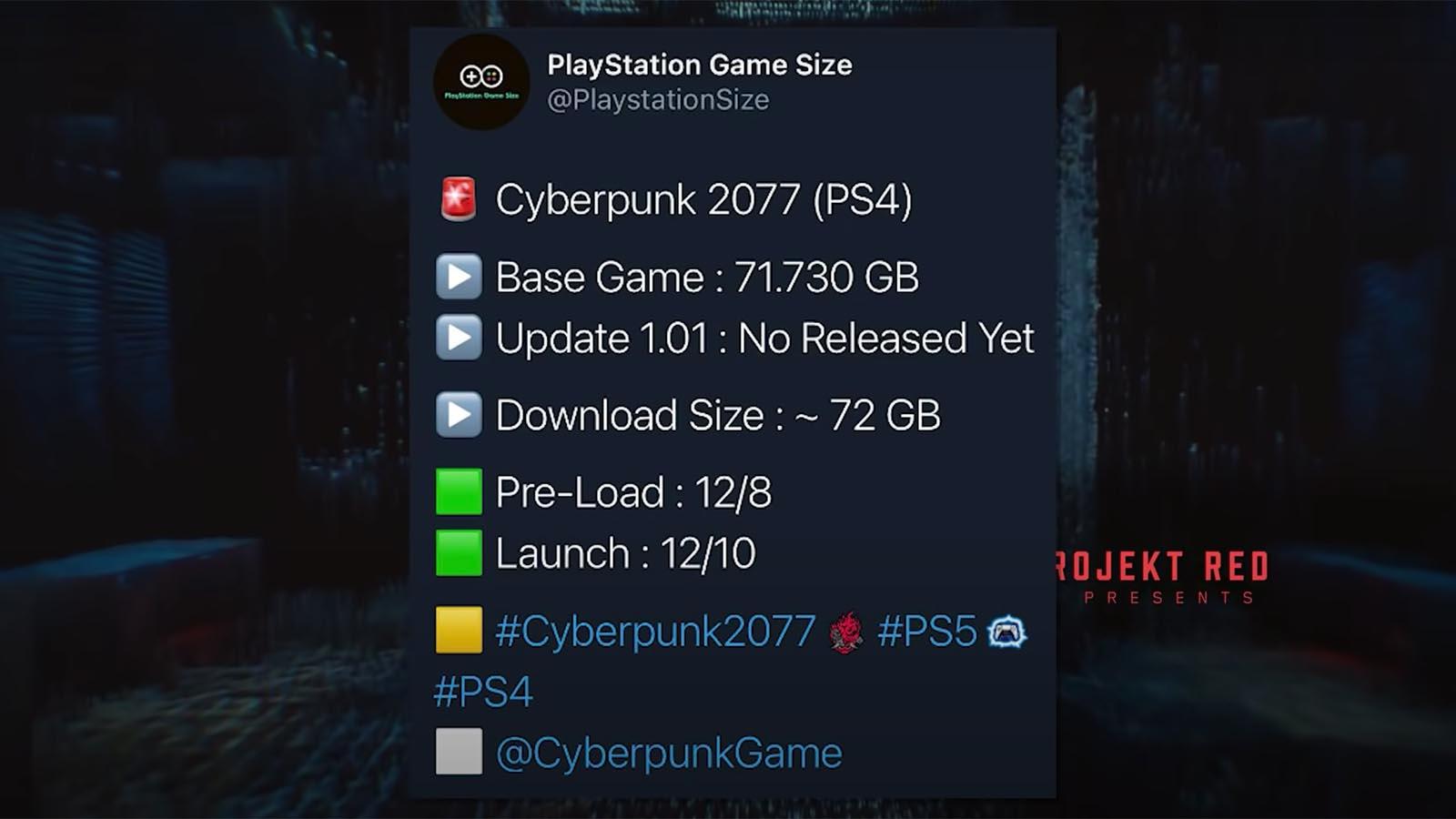 Cyberpunk 2077 PS5, PS4 Preload Begins, 102GB Total File Size