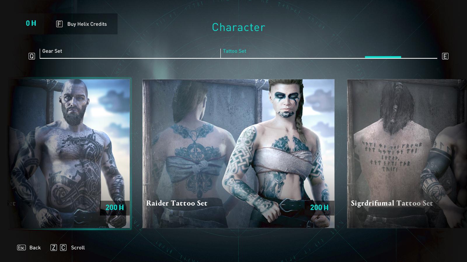 Assassin's Creed Valhalla store image showing the Raider Tattoo set skin cosmetic