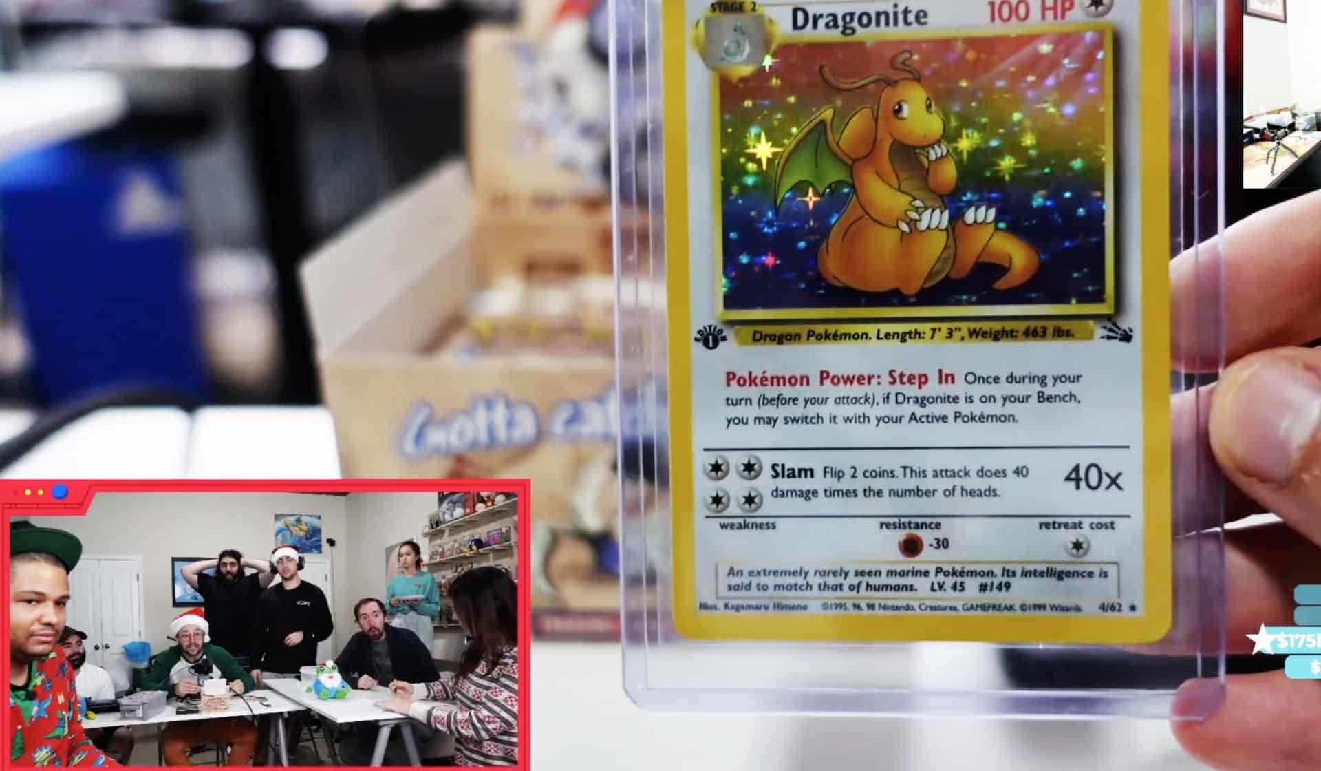 Twitch streamers react to Dragonite card during Pokemon broadcast.