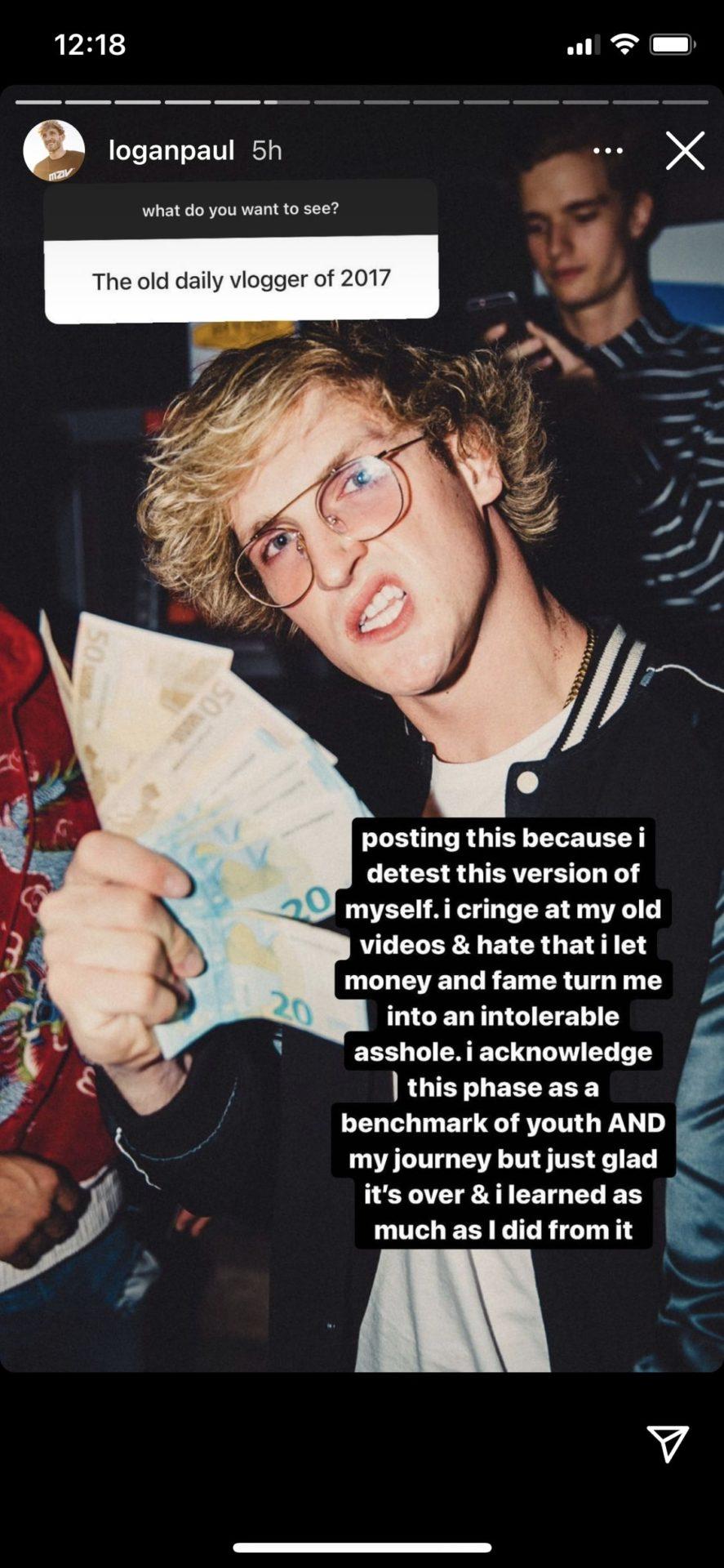 Screenshot of Logan Paul's instagram post about his old self.