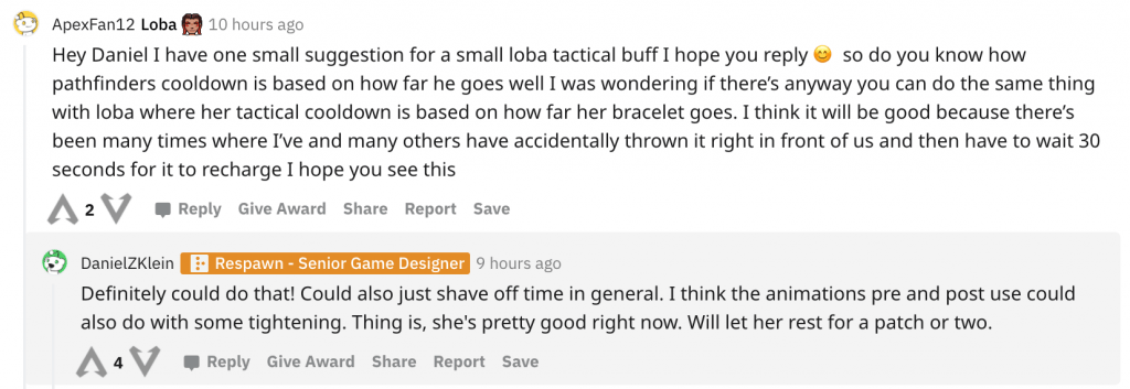 Reddit conversation between Daniel Klein about Loba