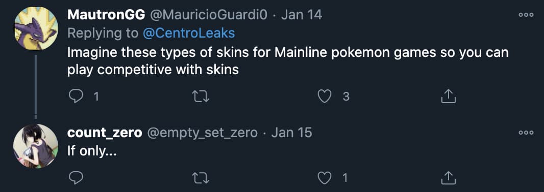 Screenshot of Pokemon players reacting to Unite skin leaks.