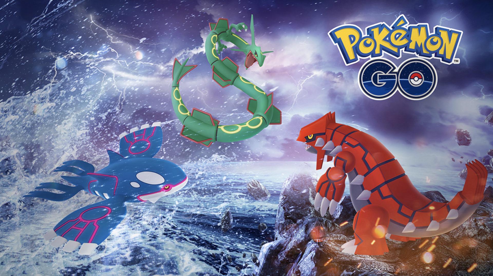 Pokemon Kyogre, and Groudon in Go Hoenn Celebration.