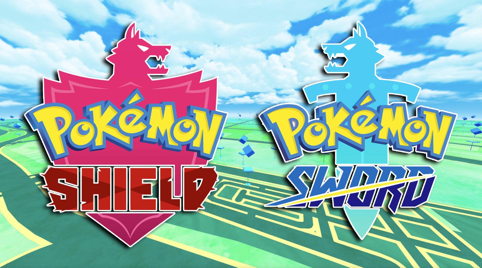 Screenshot of Pokemon Sword & Shield logo over Go background. 