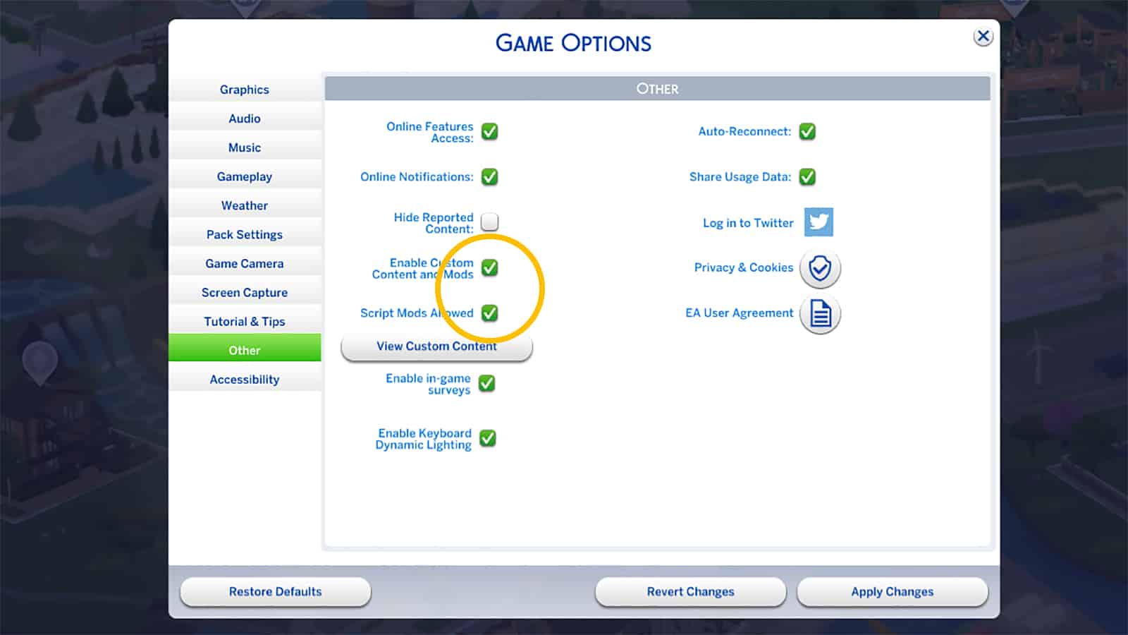 Game Options window in The Sims