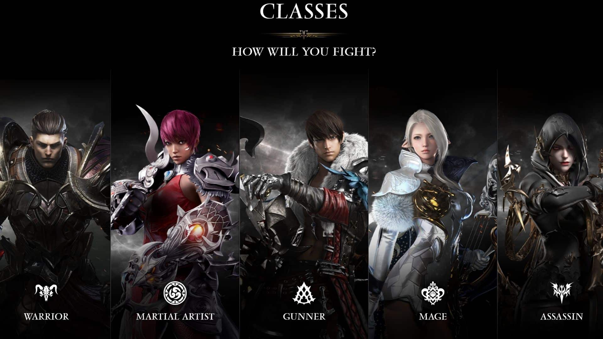 A screenshot of all the available Lost Ark Classes 