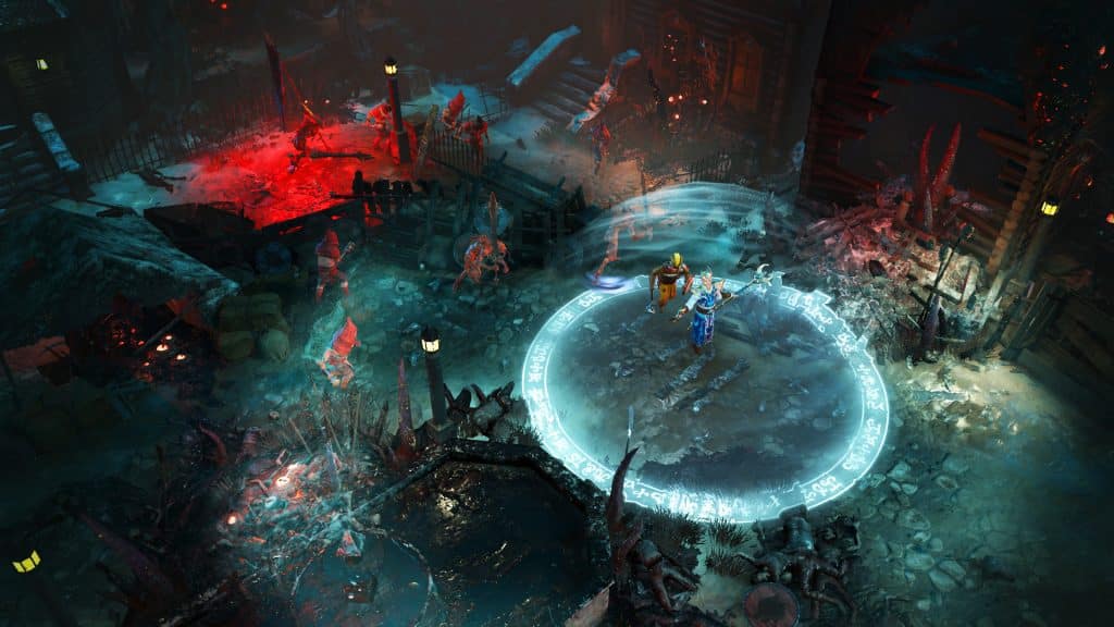Screenshot from Warhammer Chaosbane showing combat in a dark area