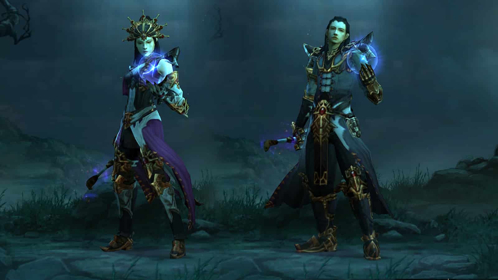 The male and female Wizard characters in Diablo 3