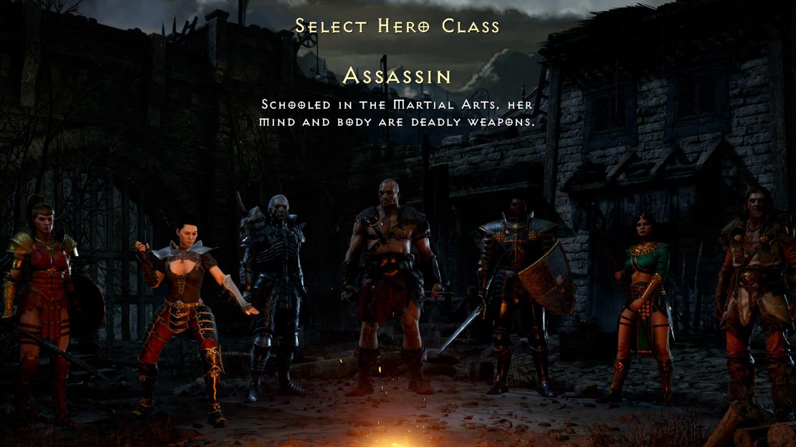 Diablo 2 Resurrected Assassin at campfire during character select