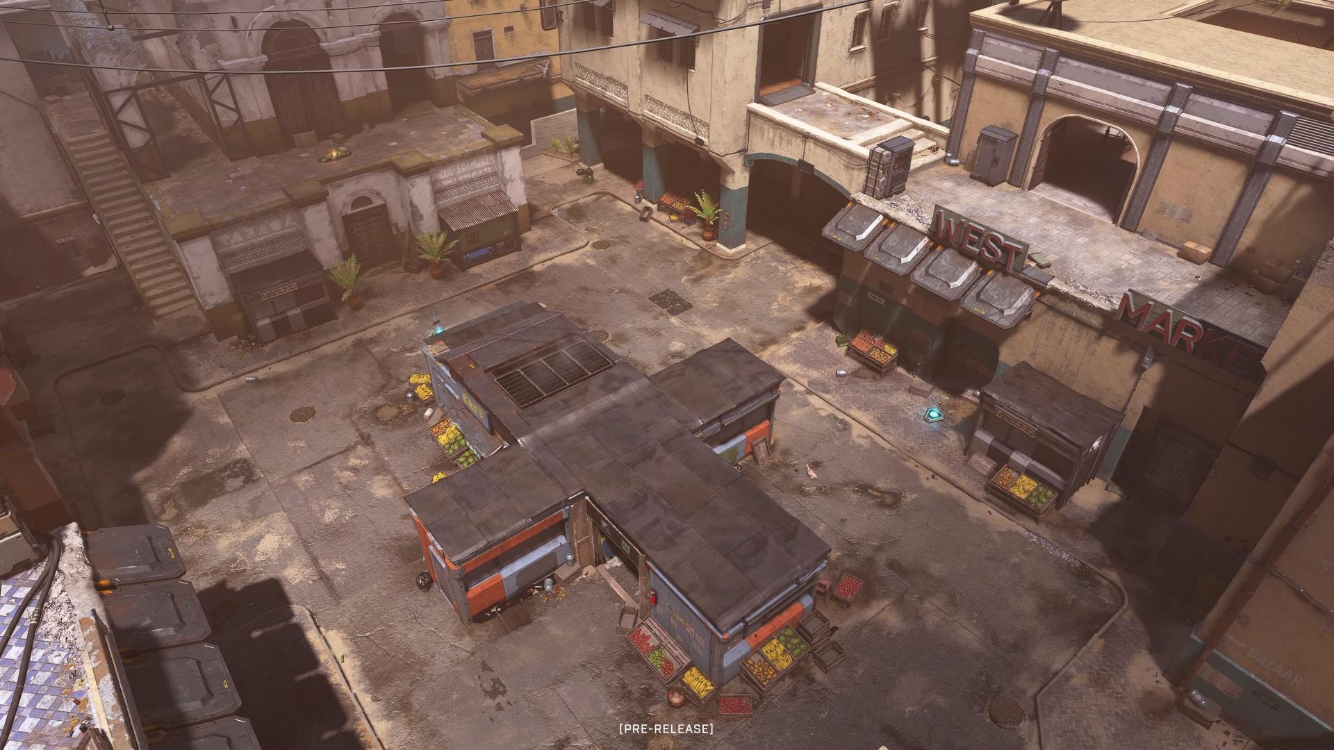 An aerial screenshot of the Bazaar map from Halo Infinite