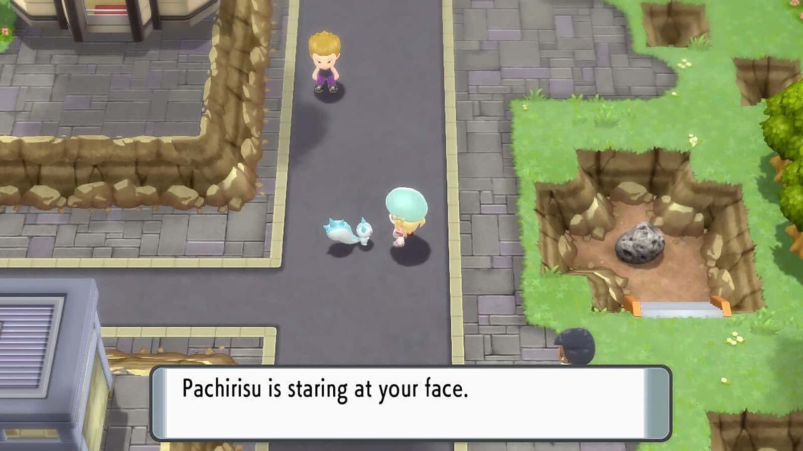 A screenshot of Pachirisu with a Trainer in Veilstone City in Brilliant Diamond & Shining Pearl