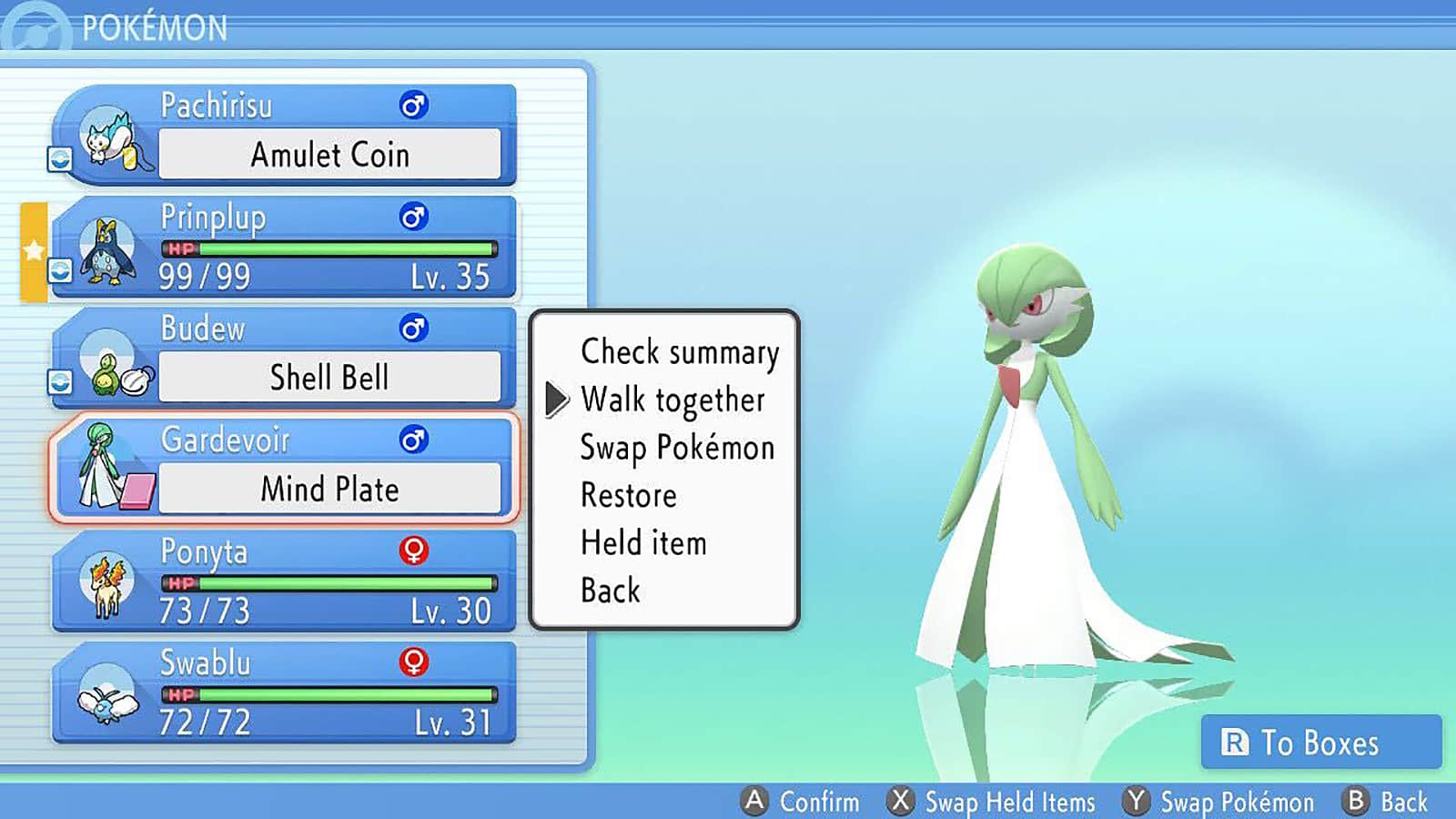 An image of Gardevoir with the 'Walk Together' option in Pokemon Brilliant Diamond & Shining Pearl