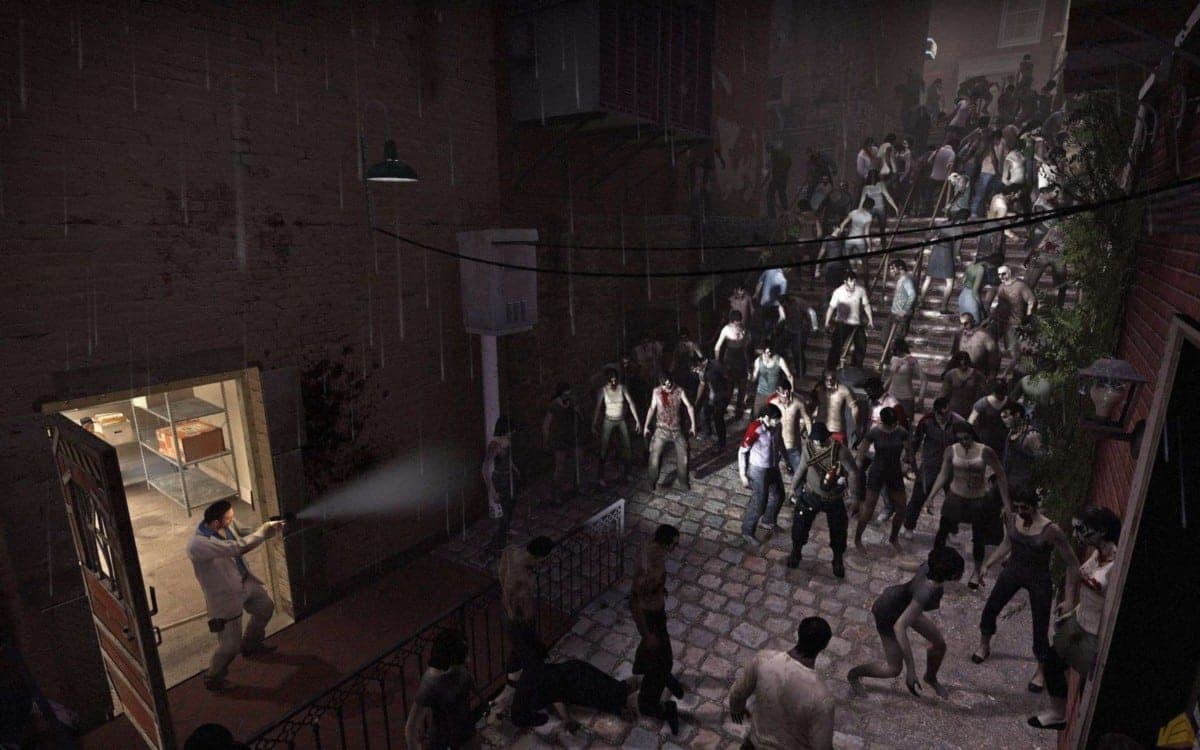 Nick from Left 4 Dead 2 shoots at horde of zombies.