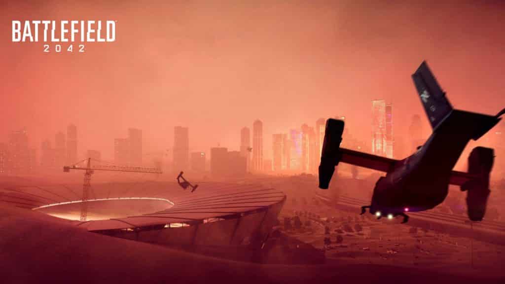 Изображение самолета, летящего во время песчаной бури в Battlefield 2042.