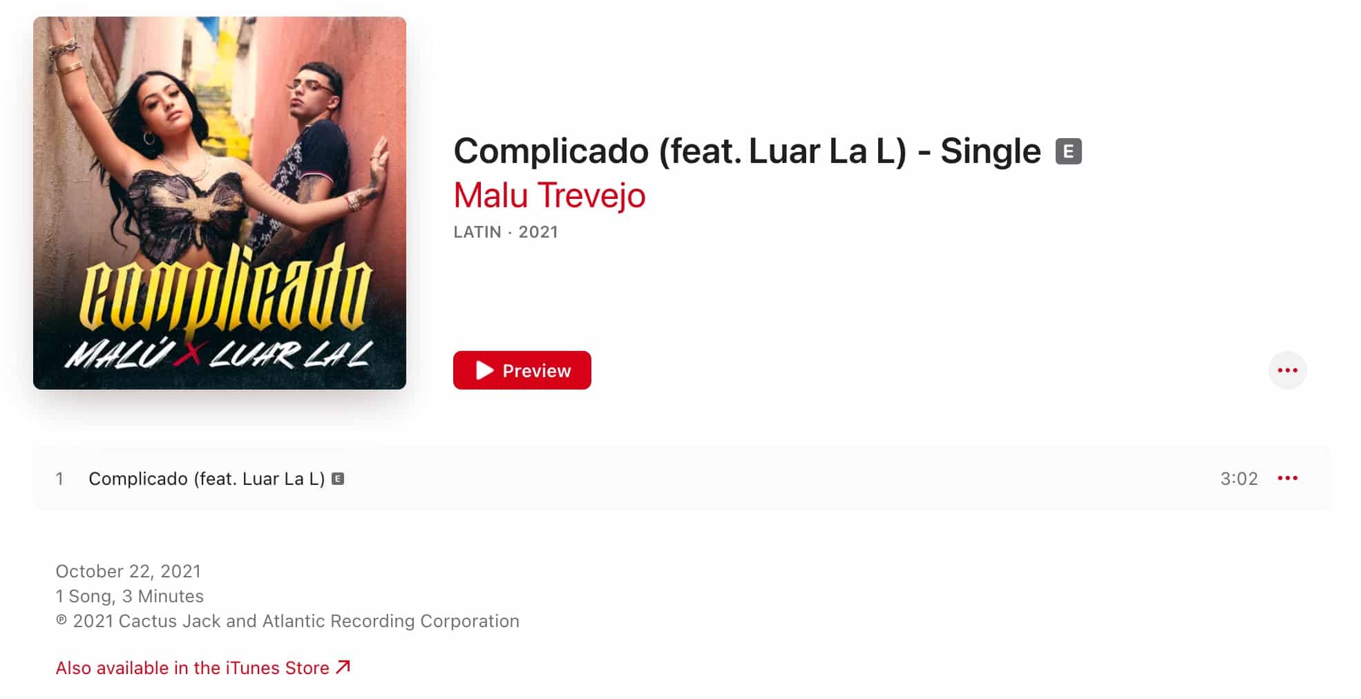 Malu Trevejo's song Complicado on Apple Music
