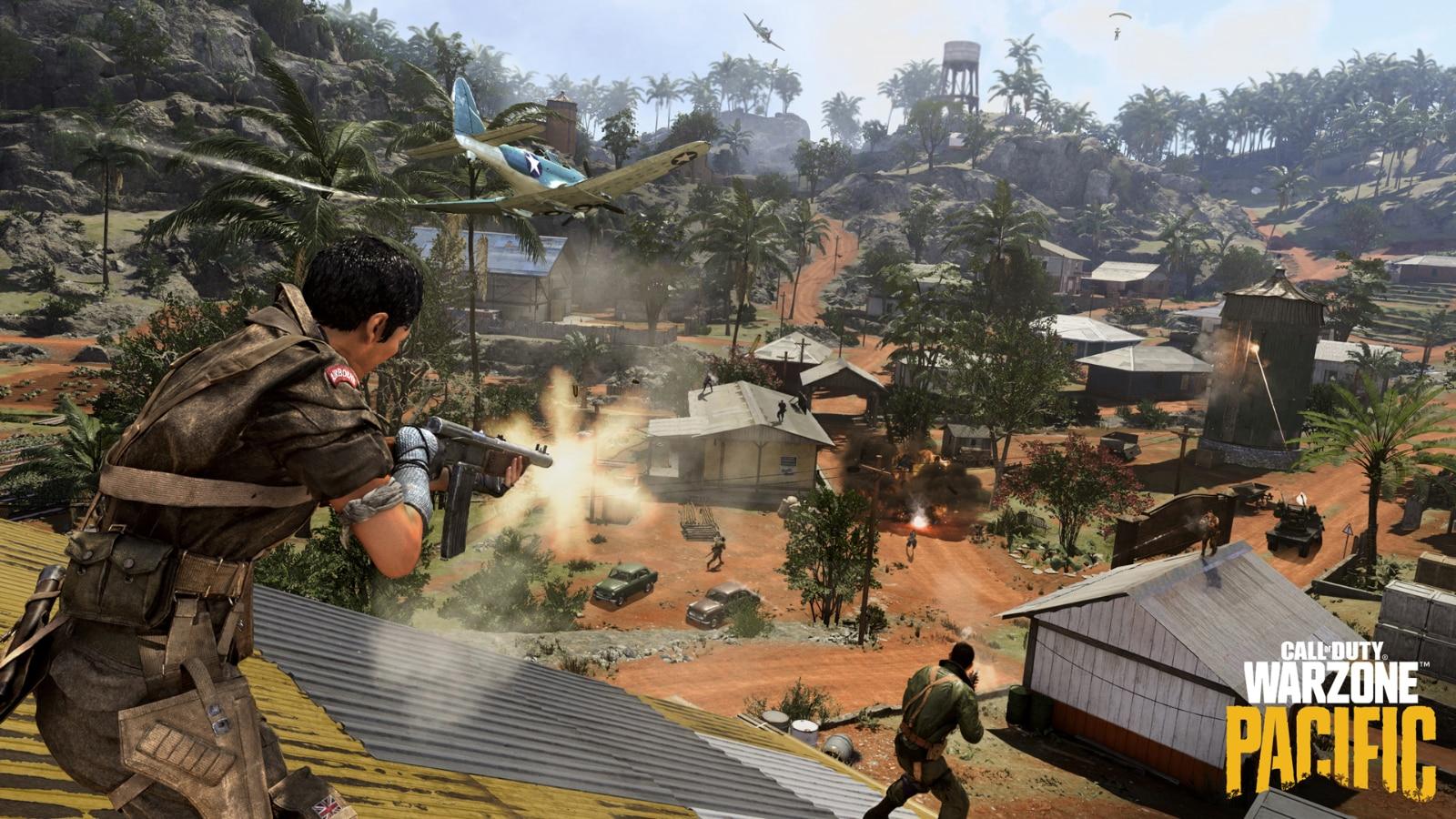 An soldier firing their weapon while standing on a rooftop in Call of Duty warzine